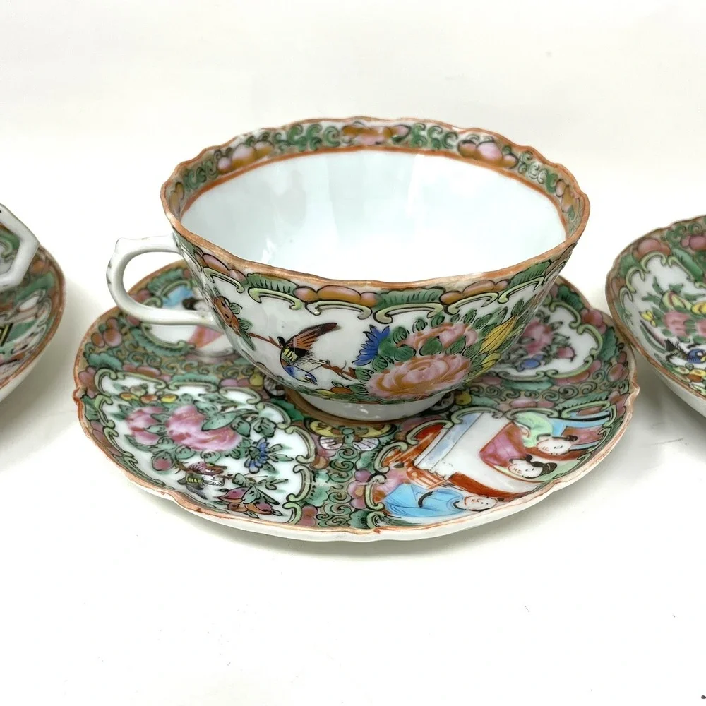 Antique Rose Medallion Chinese Porcelain Tea Cup & Saucer‎ Lot Of 3 Asian Art